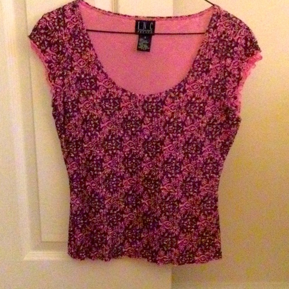 Inc. Petite Top, Size Small, Pink and Olive Green.